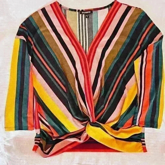 ✨Like New✨ Express Twist Front Striped V-Neck Blouse, Multi, Size S - Picture 5 of 6